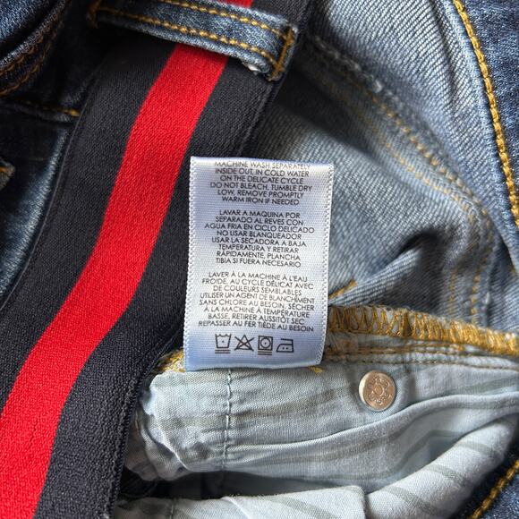 CAbi Dark Wash Mid-Rise Navy/Red Waistband Button Fly Skinny Denim Jeans Size 8 - Picture 9 of 9